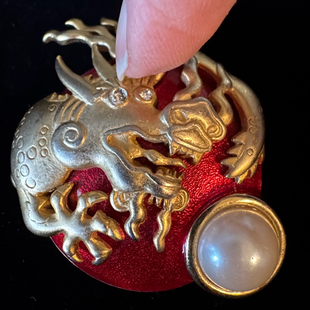 Vintage Gold tone Dragon Brooch with Red Enamel Background and Faux Pearl Accent - Picture 5 of 5